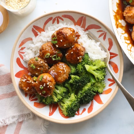 turkey meatballs in kung pao sauce with broccoli and rice.