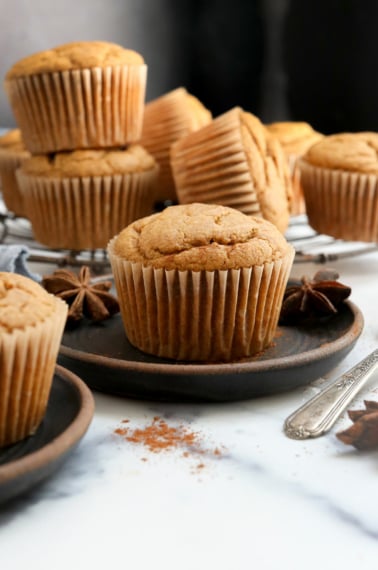 vegan pumpkin muffin on black plate