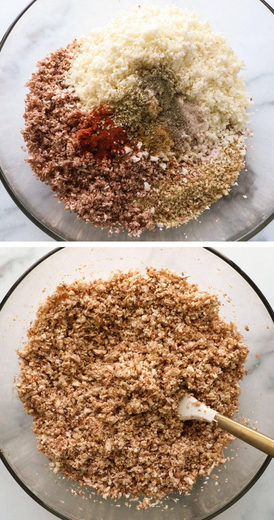 ground veggies and spices stirred together in a glass bowl.