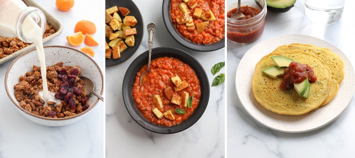 granola, soup, and chickpea pancakes